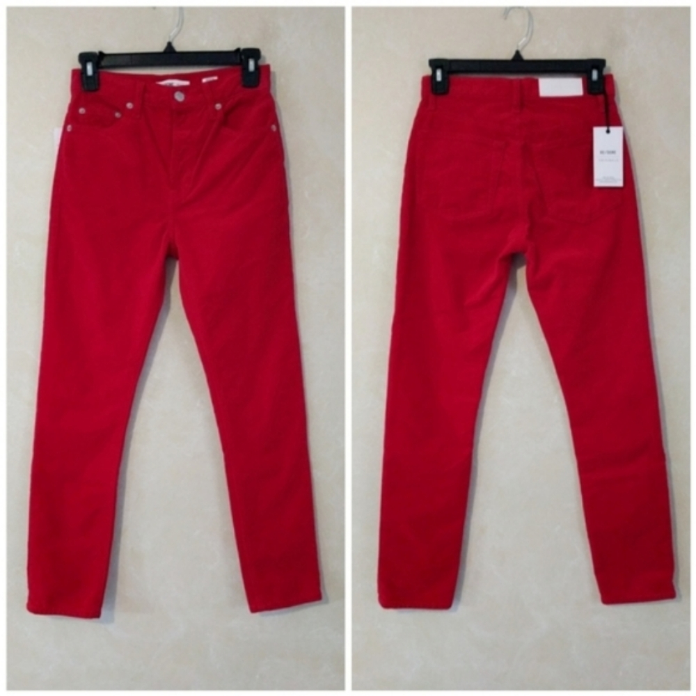 Re/Done Cherry Red Velvet High Rise Ankle Pants - Picture 2 of 6